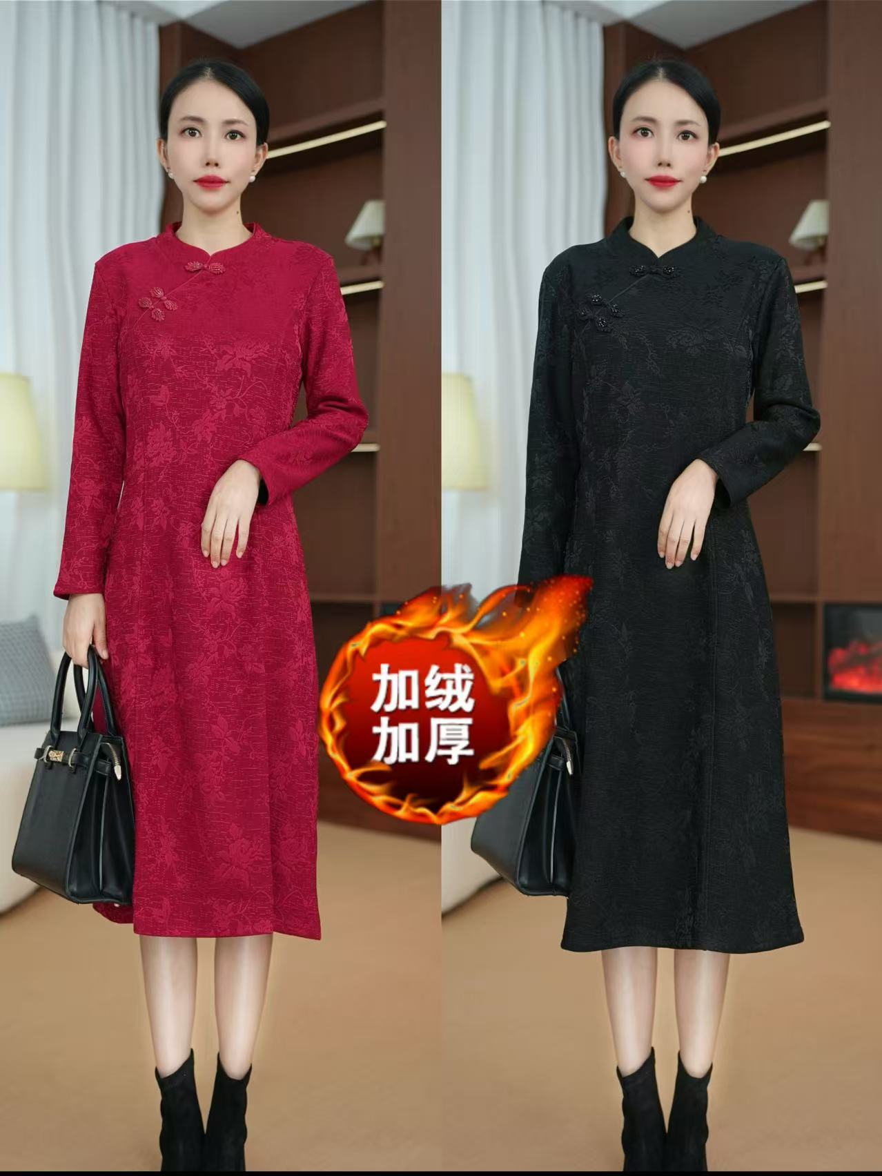 中老年妈妈装冬季新款加绒加厚新中式旗袍连衣裙