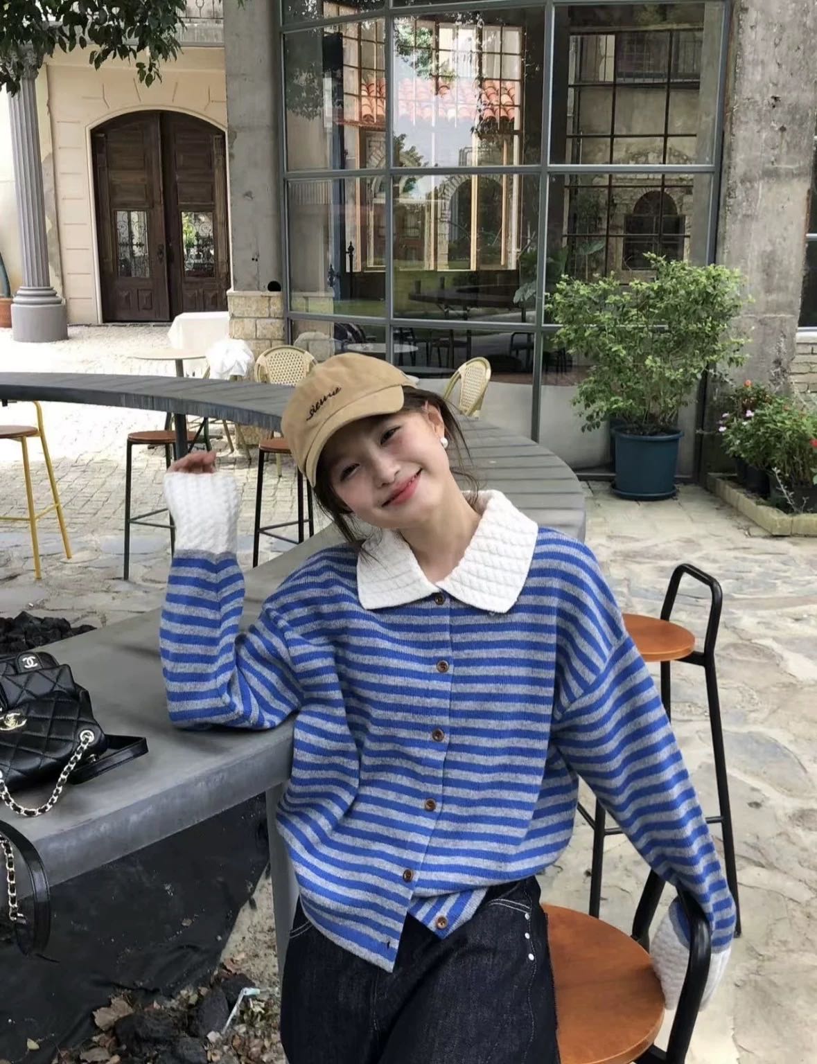 小香风条纹polo领长袖毛衣针织衫女秋季慵懒穿搭外套上衣L650