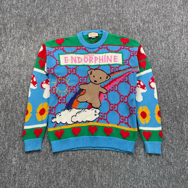 99新 GUCCI/古驰 7893/蓝色logo刺绣小熊字母印花圆领毛衣/S码