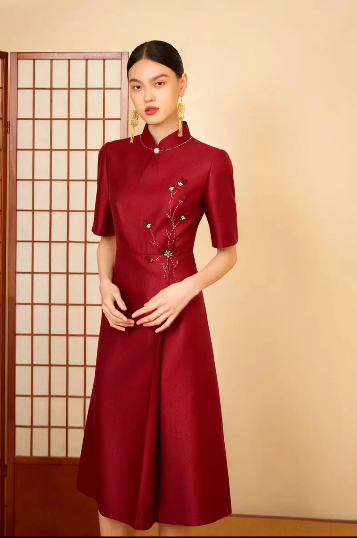 六礼17979旗袍裙复古修身中式气质酒红色中长款喜婆婆喜妈妈礼服