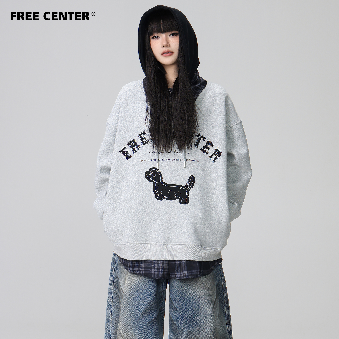 Free Center假三件连腊肠狗帽卫衣男女美式复古字母宽松慵懒帽衫