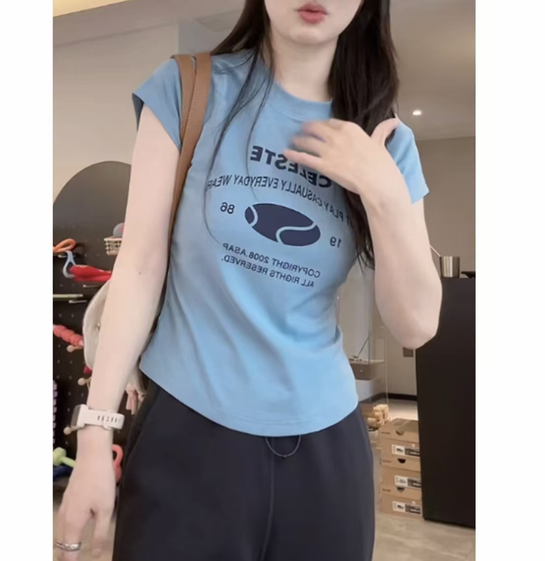 美式插肩字母印花薄款短袖T恤女夏季2025新款减龄百搭上衣ing