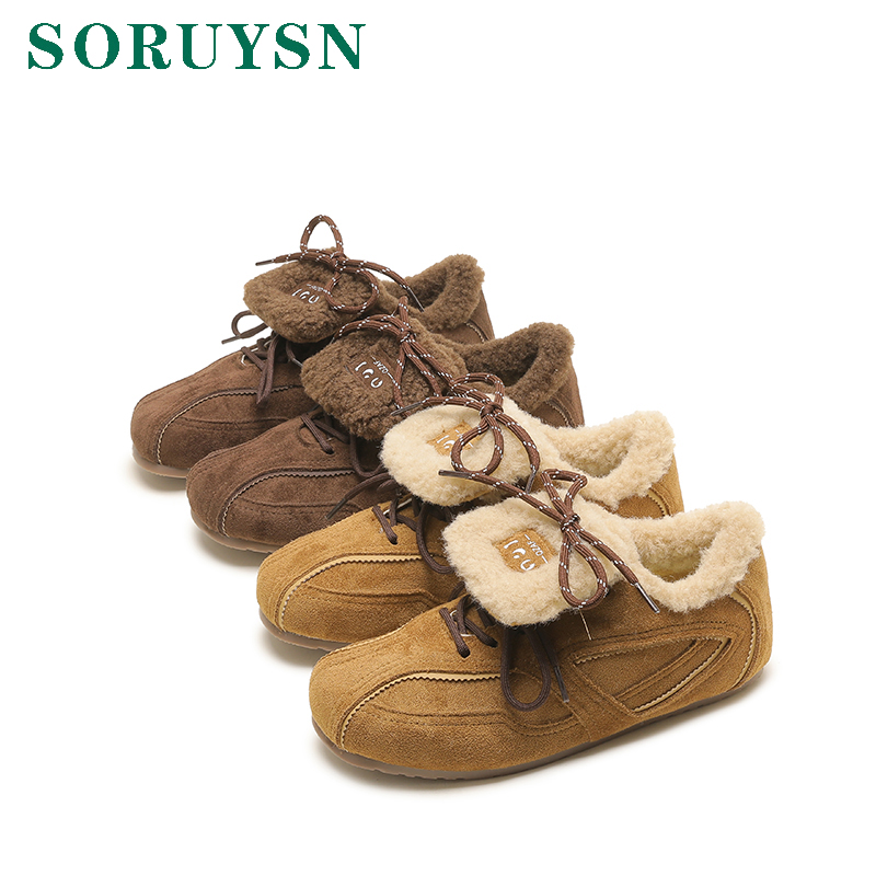 复古软底平底加绒德训鞋女2025冬季新款不累脚毛毛鞋百搭保暖棉鞋