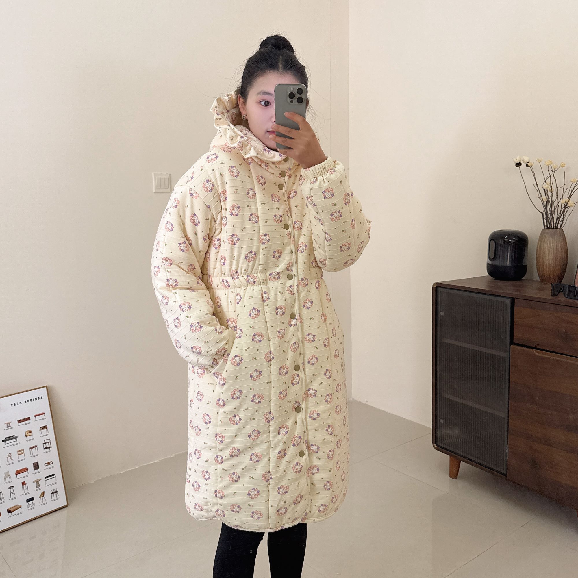 【花环长耳朵兔】收腰花边帽中长款新疆棉花衣宽松家居服女保暖棉衣