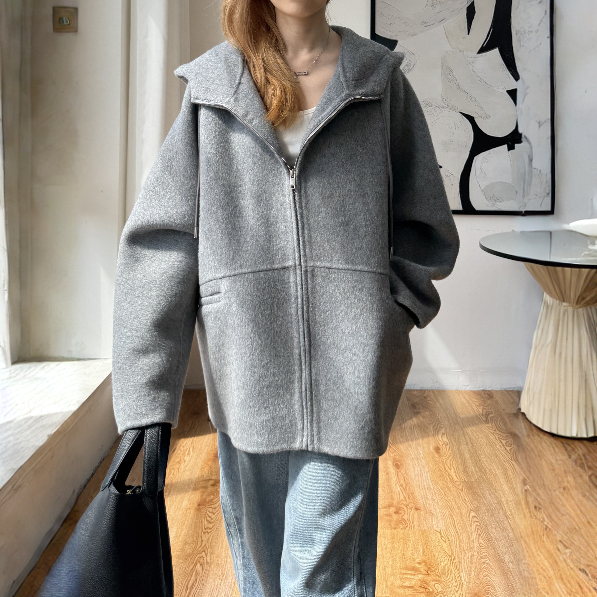 秋冬高端浅灰色连帽短款双面羊毛大衣宽松休闲毛呢外套女