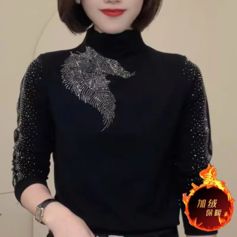新款时尚洋气保暖上衣烫钻秋冬女打底显瘦妈妈装半高领加绒小衫