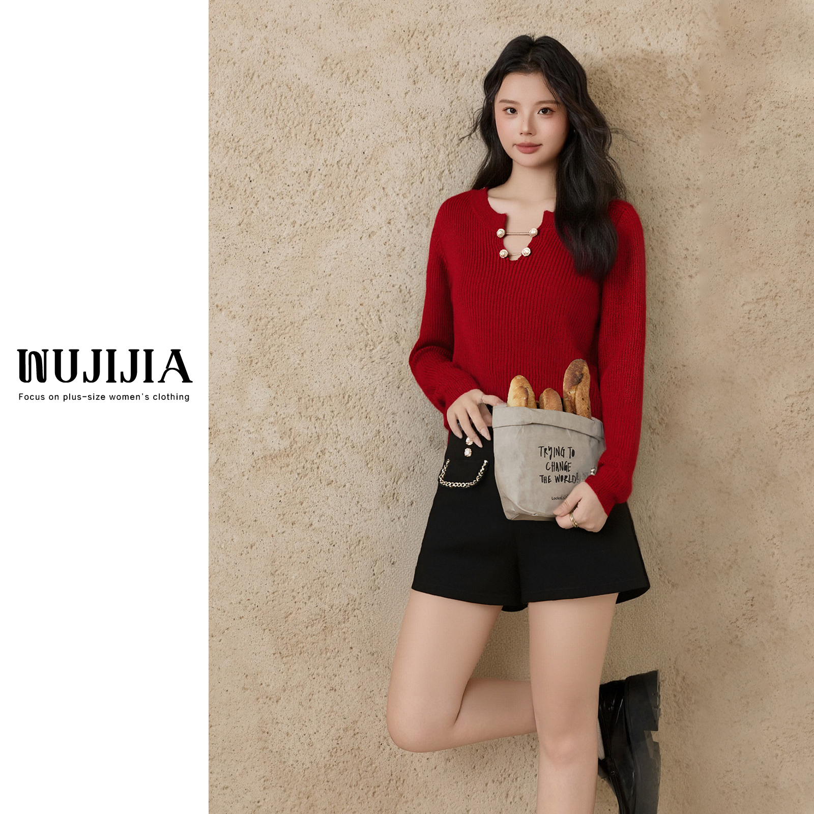 【五季家大码】冬季设计感软糯红色上衣+黑色短裤 套装 ZL114308