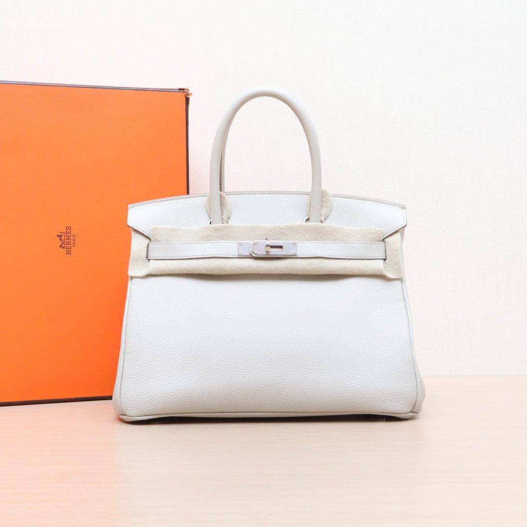 99新 Hermes/爱马仕 小花6花Birkin 30 冰川白 Togo皮 C刻 银扣包