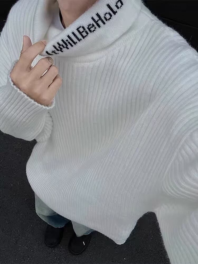 2025秋冬款字母刺绣高领毛衣男生慵懒风情侣女宽松针织衫上衣潮