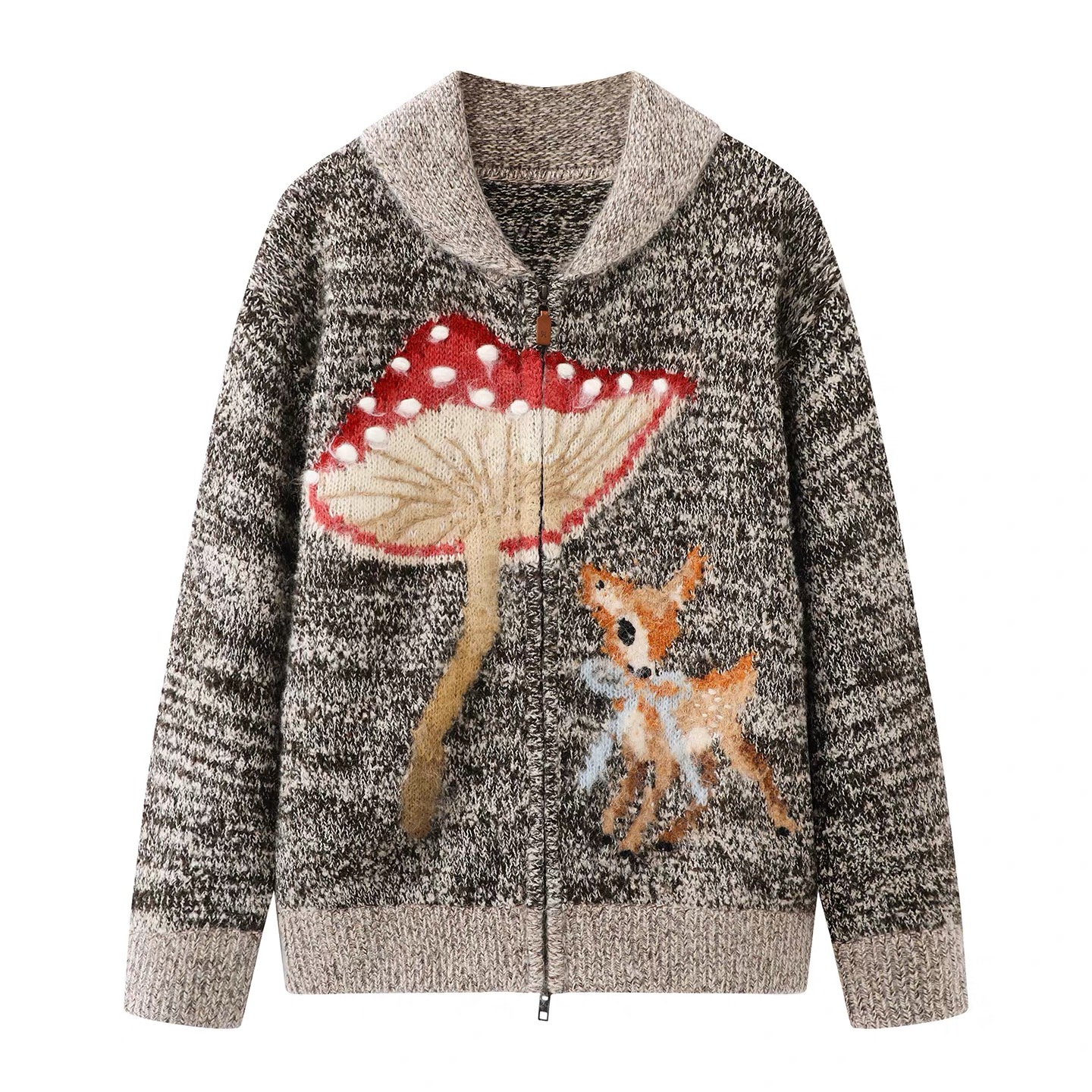 【精灵】秋冬新款复古蘑菇小鹿图案提花翻领拉链针织开衫9458