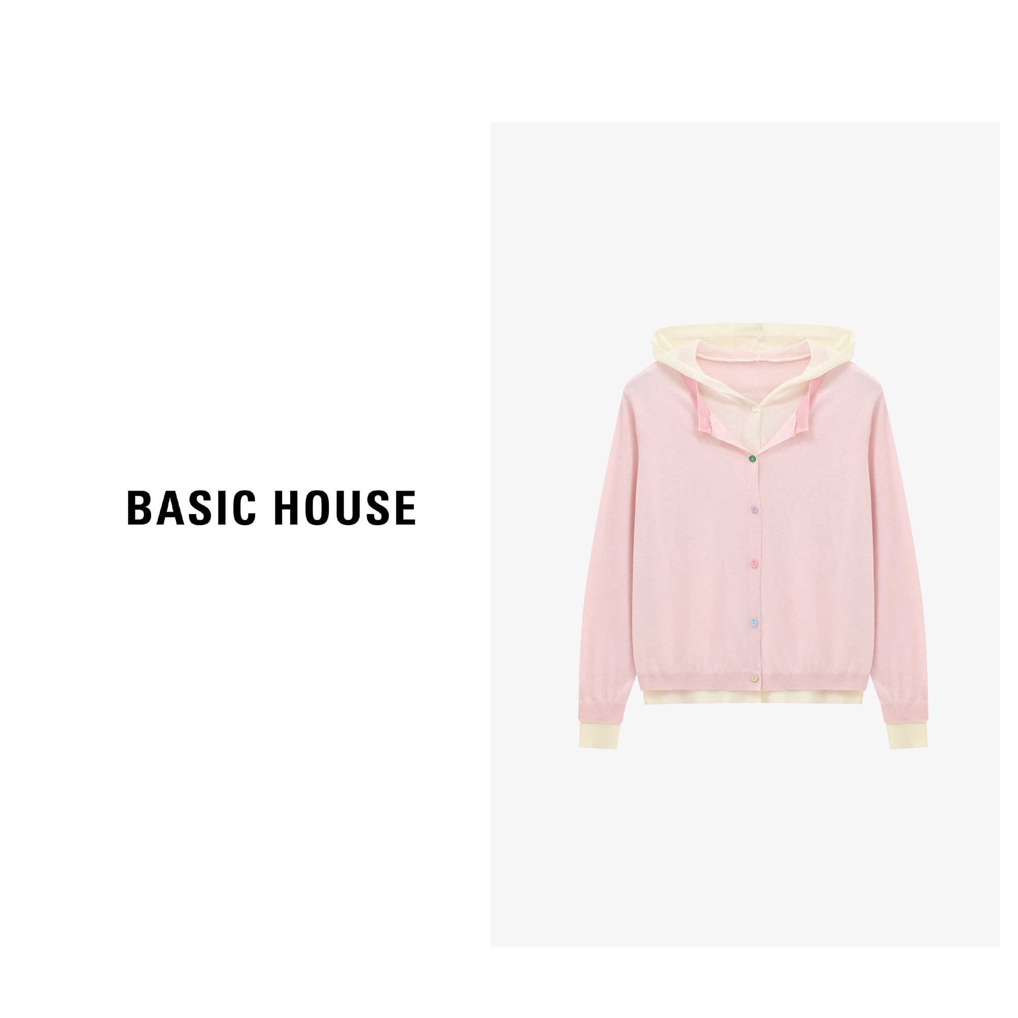 Basic House/百家好甜美可爱风格假两件连帽针织衫-B0625B5KKN2