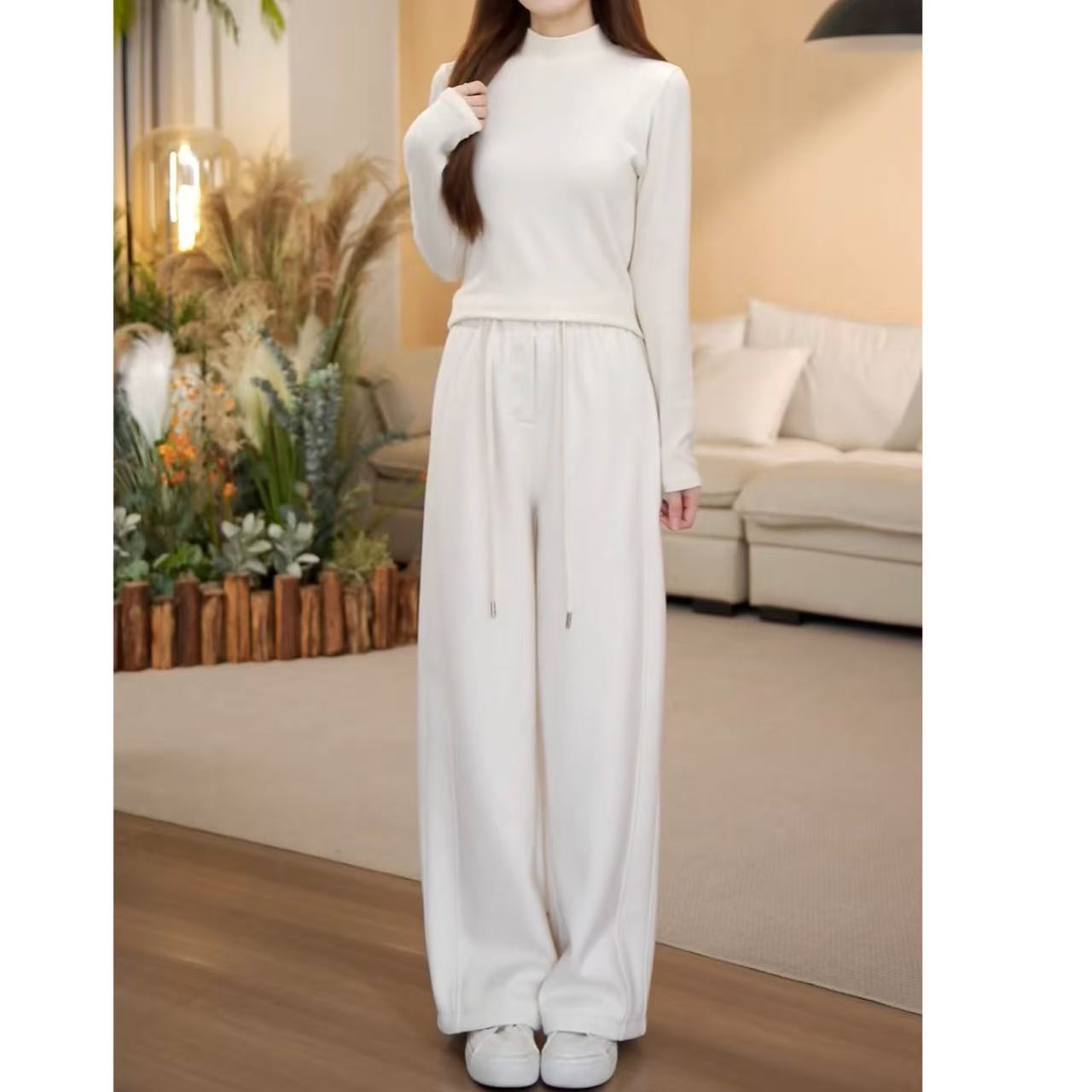 （周周小个子）秋冬加绒高腰时尚休闲宽松纯色松紧腰休闲裤-8667