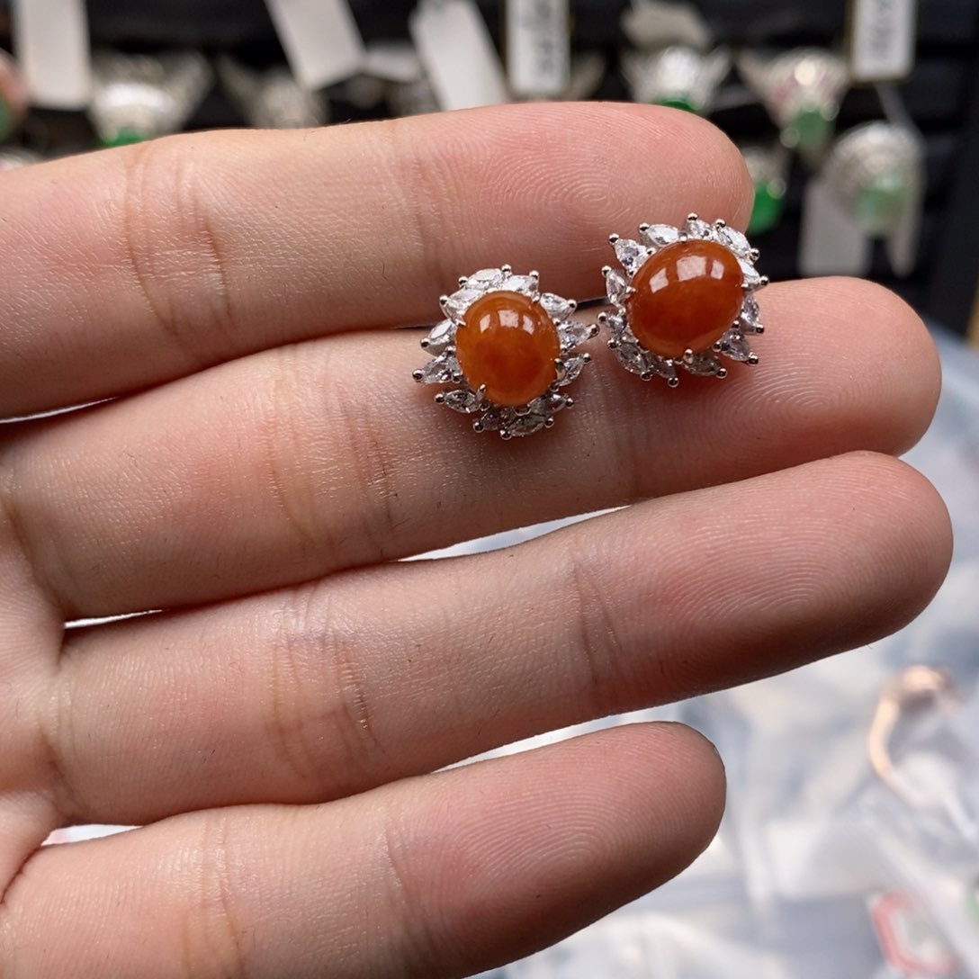 翡翠耳饰银S925镶嵌妮*天然缅甸翡翠a货