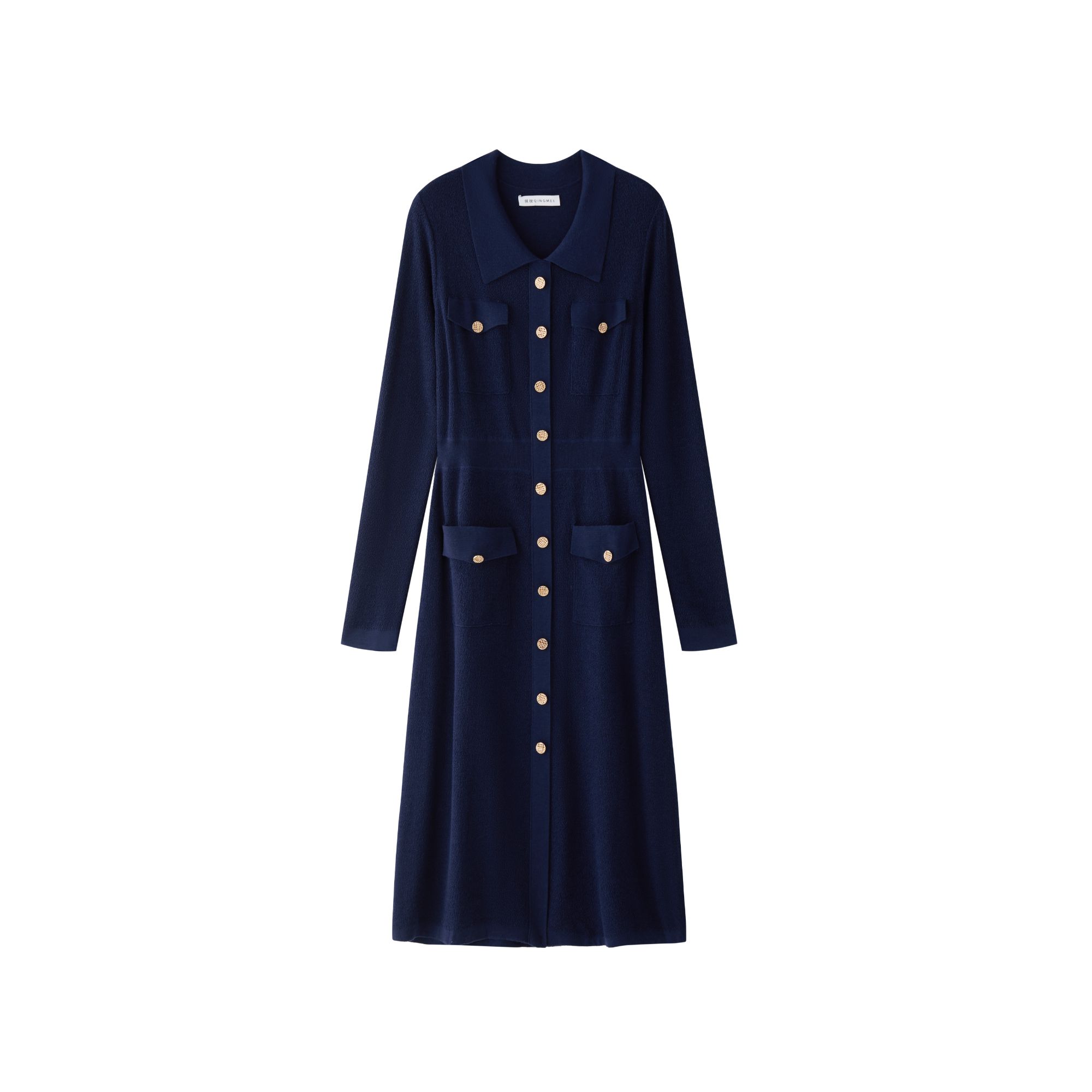 Q038倾玫藏青方领长袖连衣裙YD235009