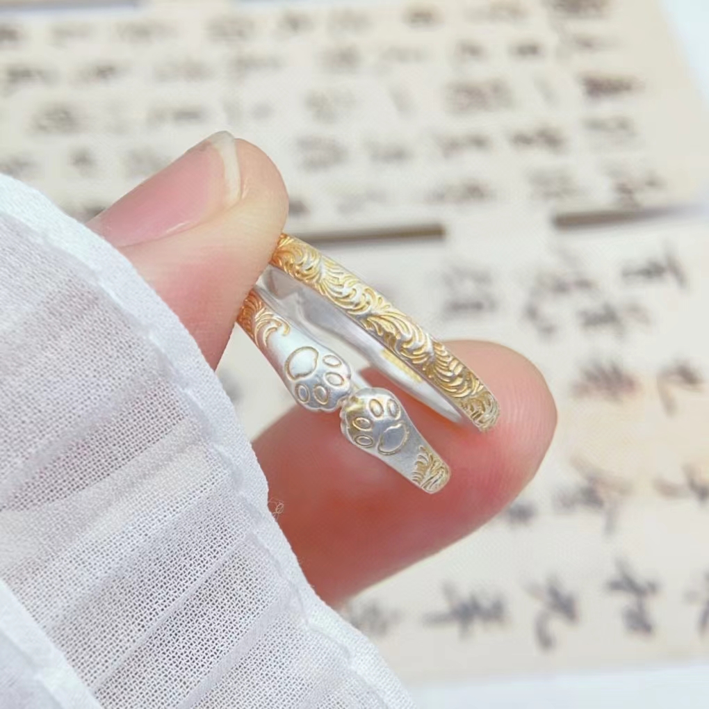 足银戒指 吉言唐草纹戒指女纯银描金猫爪开口指环小众设计