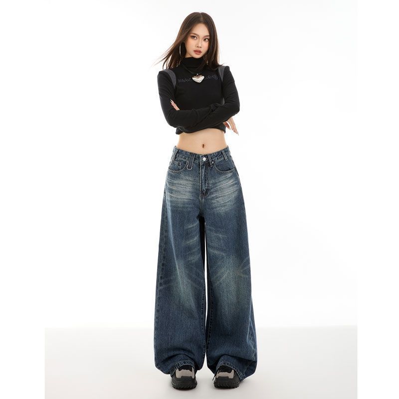 高腰蓝色美式简约复古做旧抓痕褶皱磨白设计高腰宽松潮流垂感阔腿