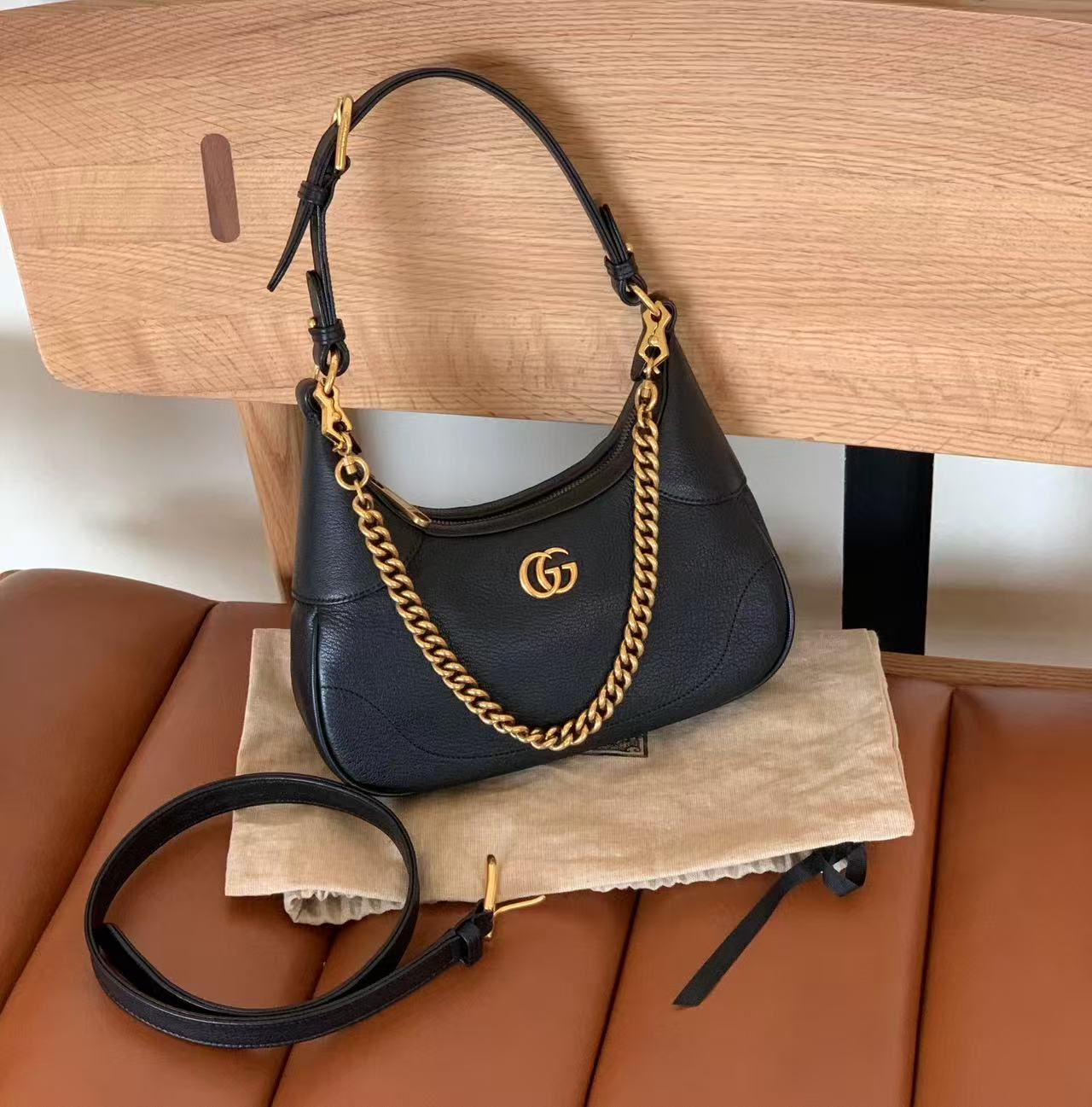 99新 GUCCI/古驰 拆单壹臻/黑金新月hobo小号 63451035