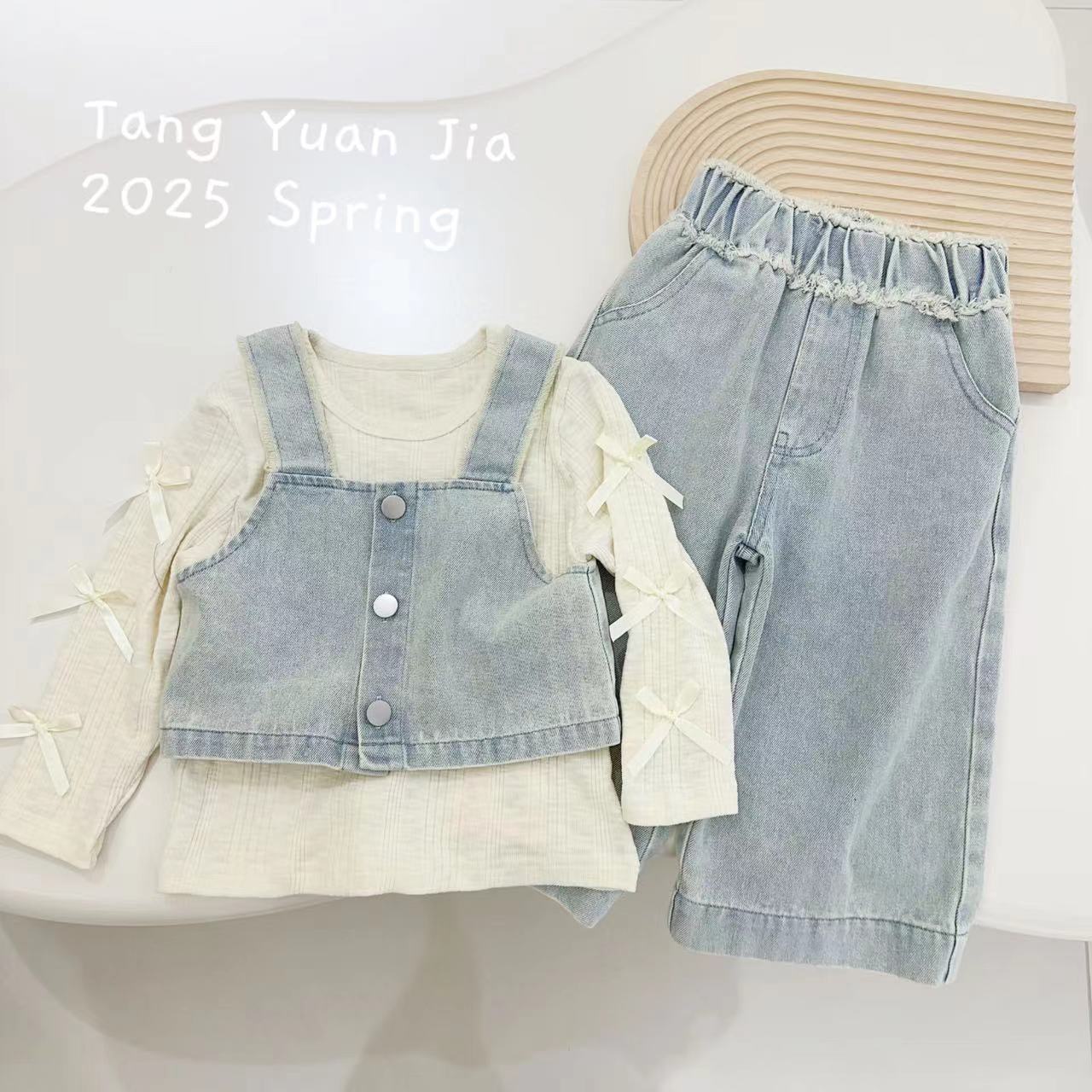 汤圆家童装2025春季新款韩系蝴蝶结浅色马甲阔腿裤三件套 YA-1088