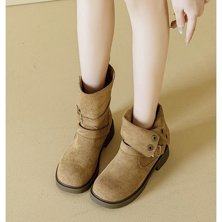 复古绒面两穿搭扣短靴2025冬季新款低跟百搭圆头马丁靴 BSM 8818