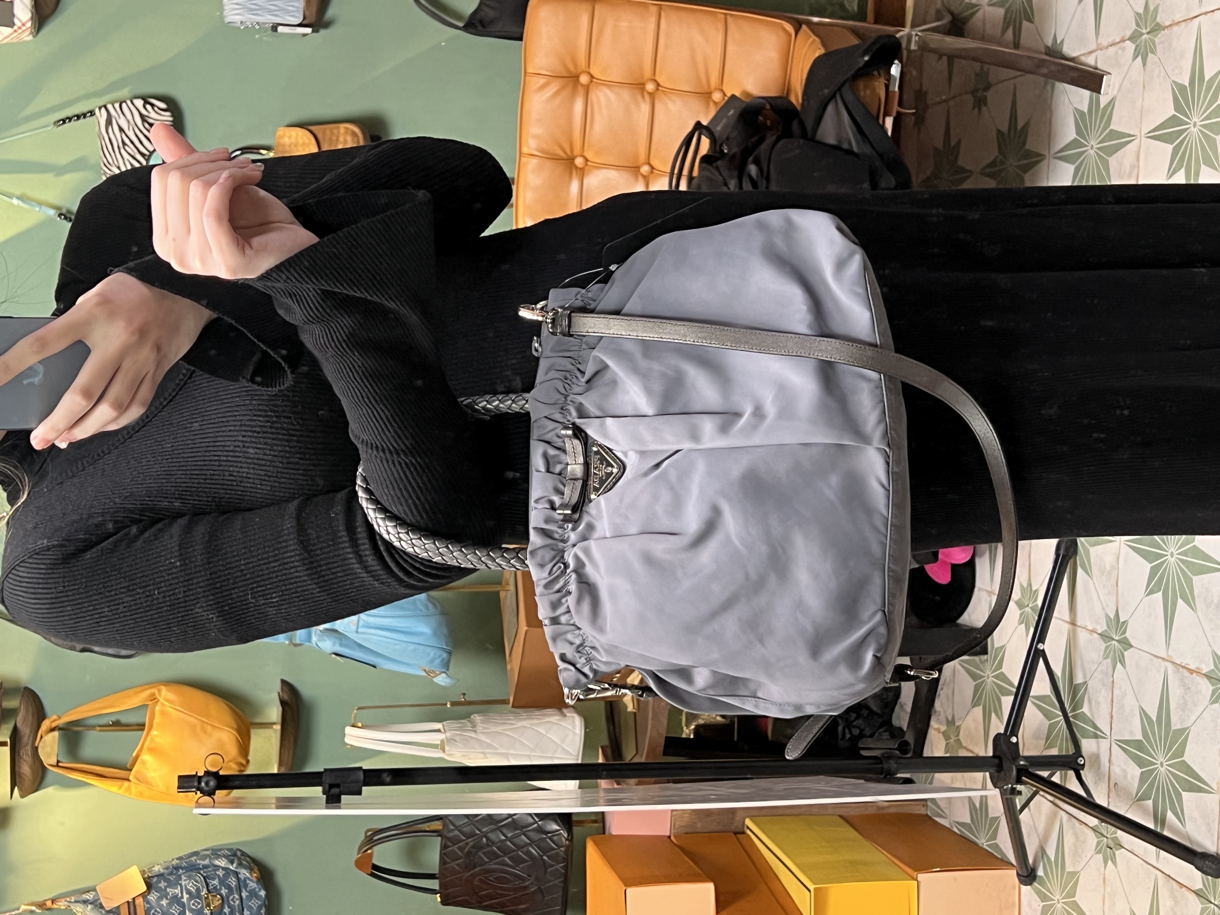 95新 Prada/普拉达 BXA05/灰色编织手拎斜跨休闲肩包