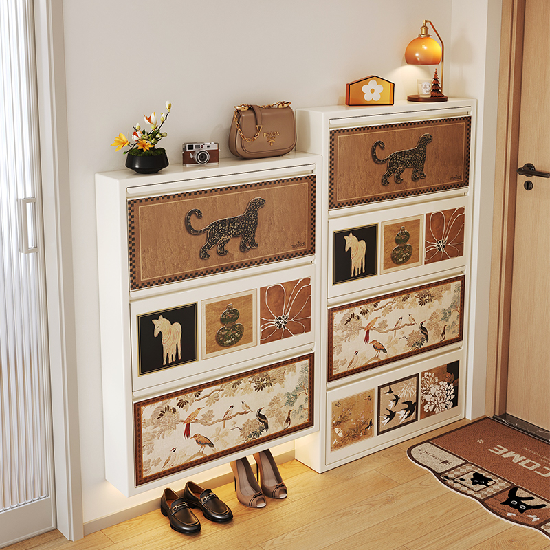 美世达中古风超薄鞋柜家用门口收纳入户门靠墙一体超薄翻斗鞋柜