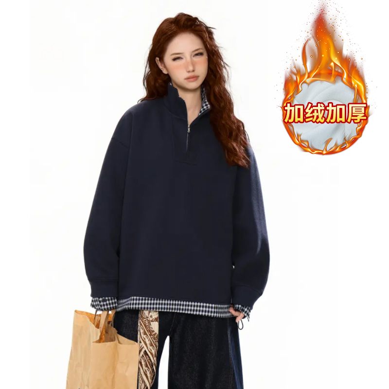 冬季加绒加厚美式卫衣长袖百搭宽松半拉链立领长袖慵懒风上衣