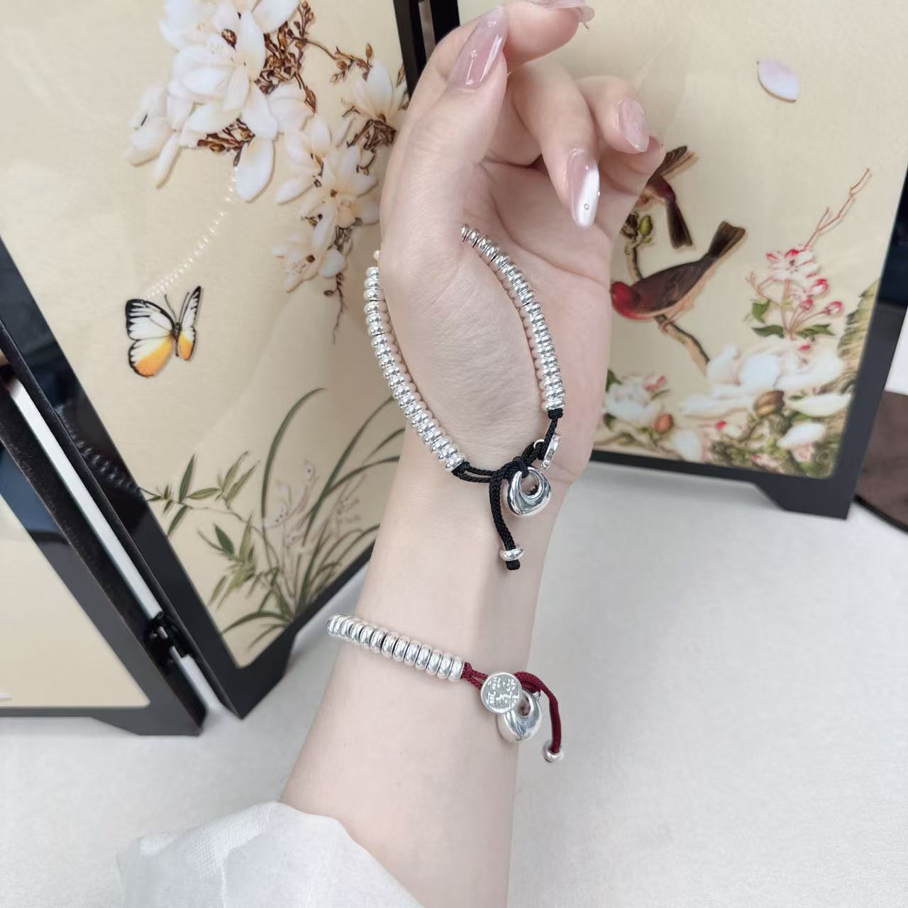 足银手链 钱串子红黑盘缠腰缠万贯手工编织手链