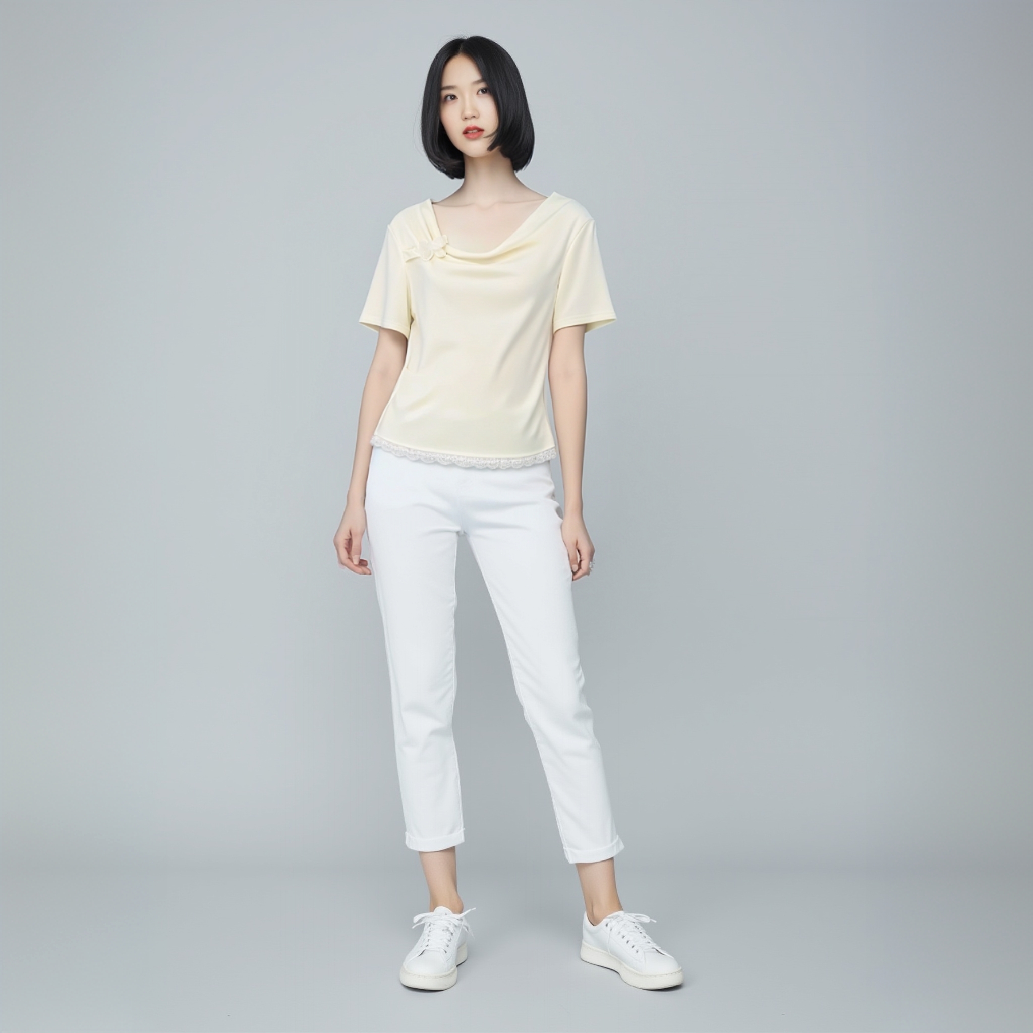 度假风T恤修身蝴蝶结V领白色小众蝴蝶时尚短袖法式不规则设计感