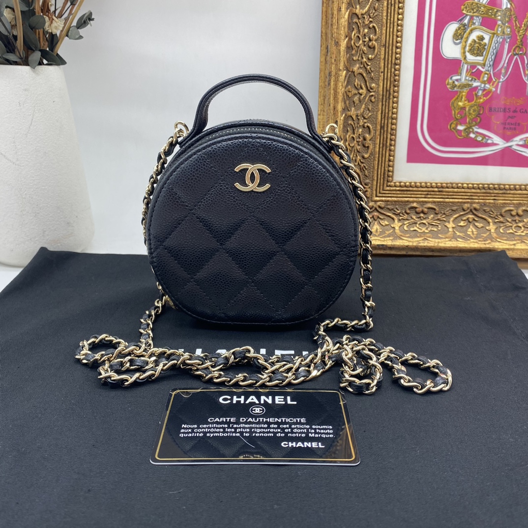 99新 Chanel/香奈儿 经典款 黑金 荔枝皮 手提圆饼包 单肩 斜挎包