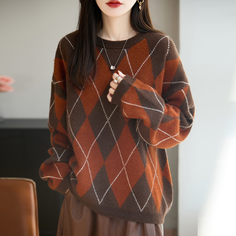 韩版慵懒风圆领拼色菱形格针织衫女秋冬新款100%羊毛气质宽松毛衣