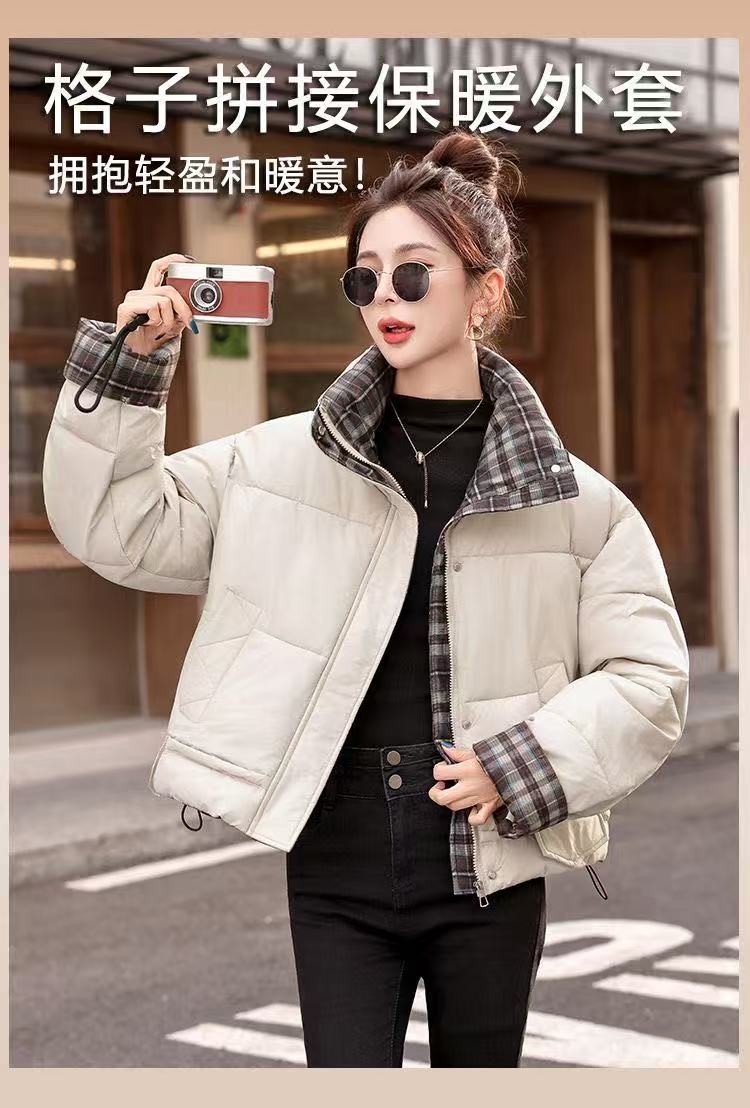 2582款-宽松拼接棉袄棉服短款轻盈格子棉服
