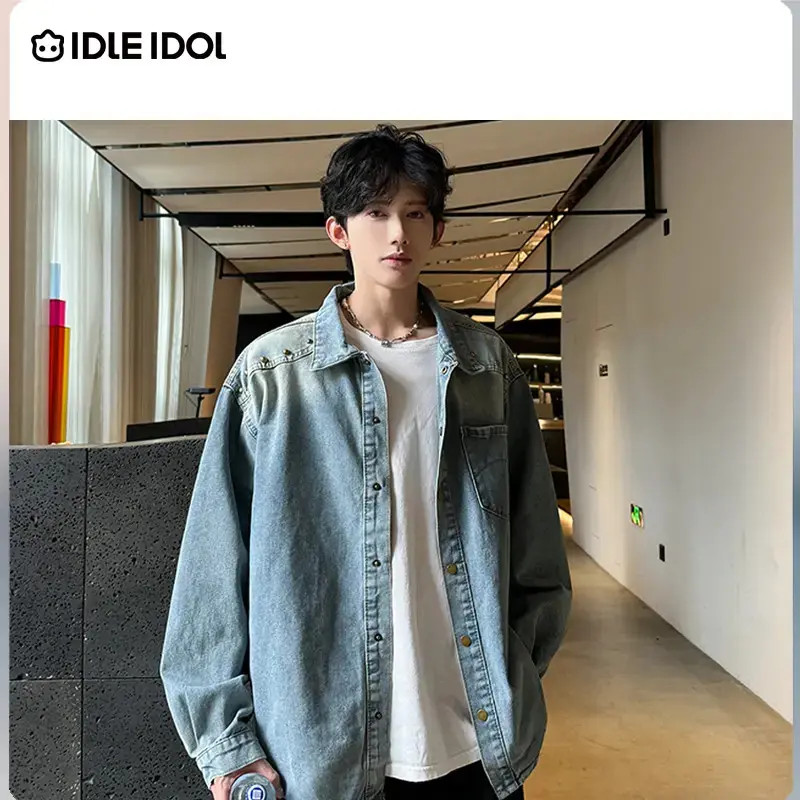 IDLE IDOL复古炒色休闲做旧牛仔宽松长袖潮流港风上衣外套秋季男