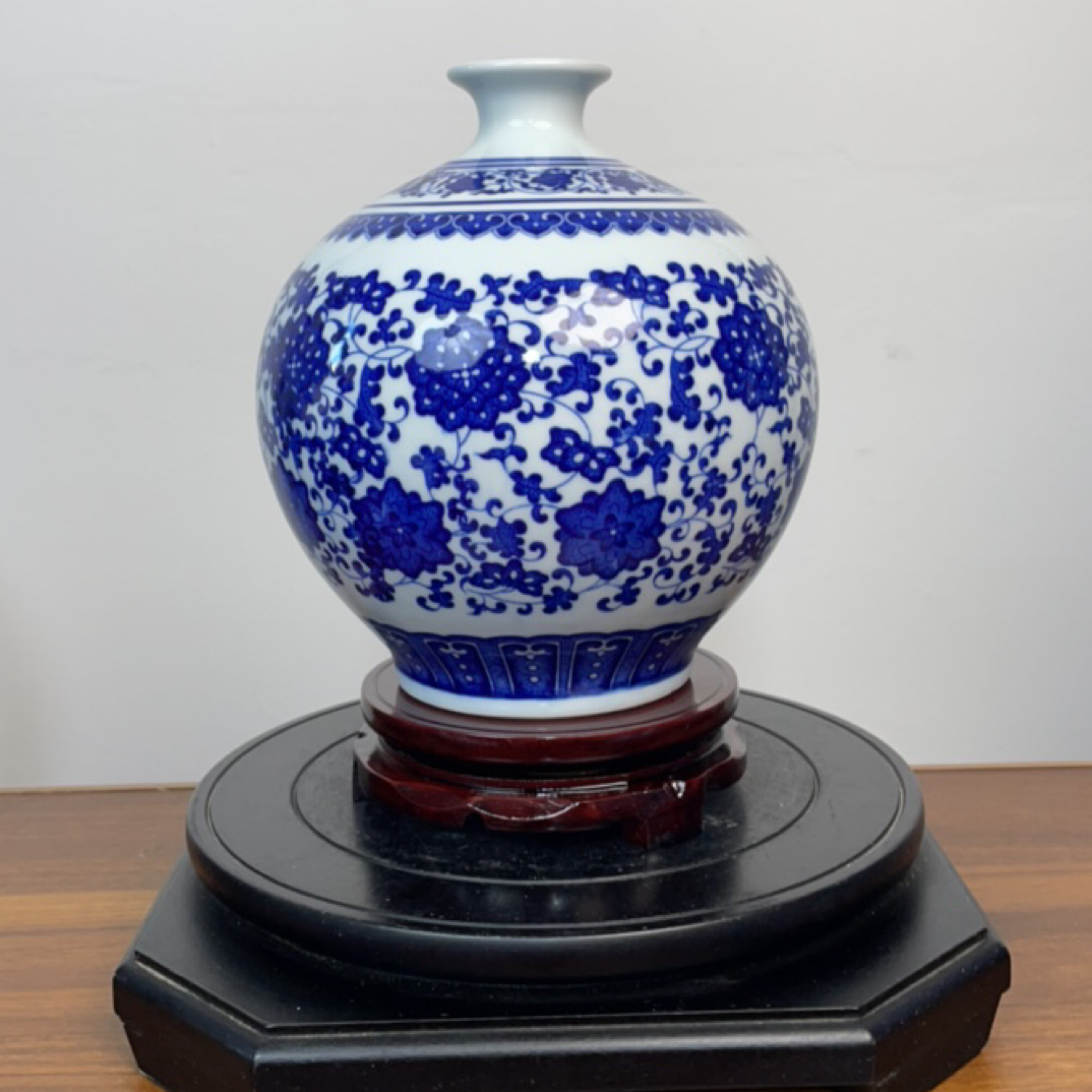 陶瓷青花缠枝莲花瓶新中式风格客厅装饰石榴瓶