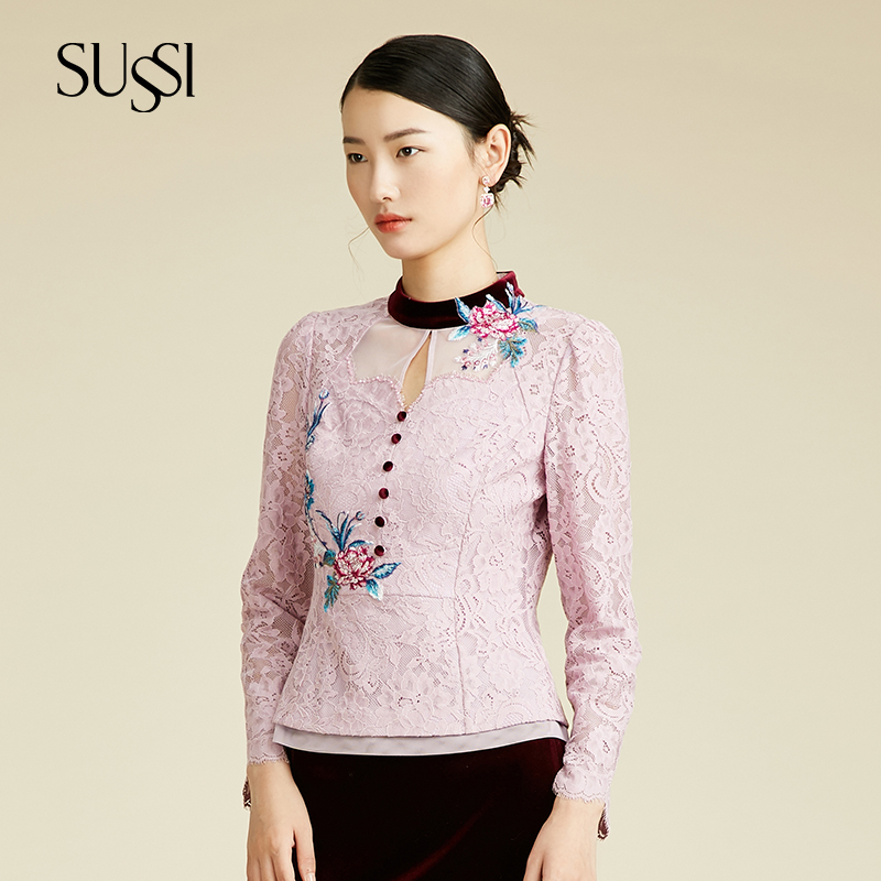 SUSSI/古色25秋冬季新品粉色立领刺绣蕾丝上衣女