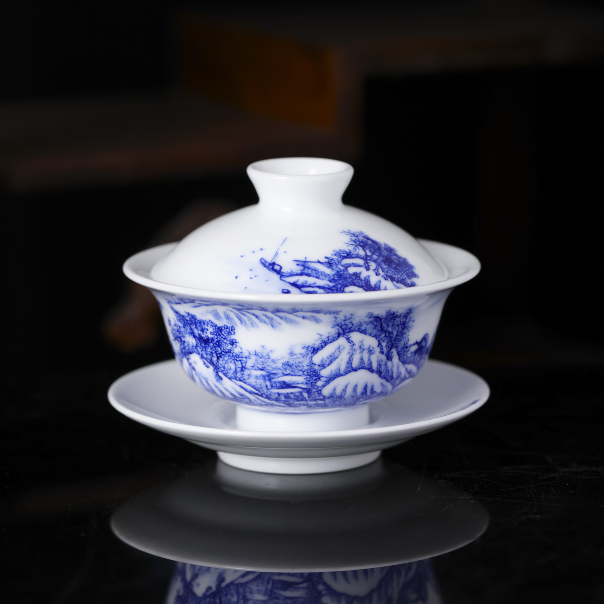 九段烧-妙手青花雪景盖碗--手工画片有差异 -以直播间为准