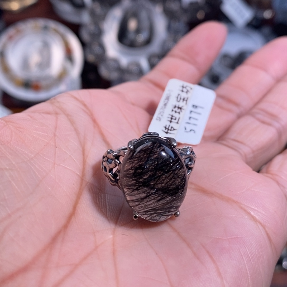 手链未镶嵌水晶黑发晶银活口戒指18×14×12毕业级