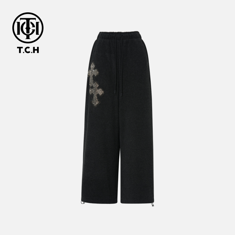 TCH私服秋冬慵懒风烫钻时尚淑女深灰色休闲裤T75D20E1058轻奢tch