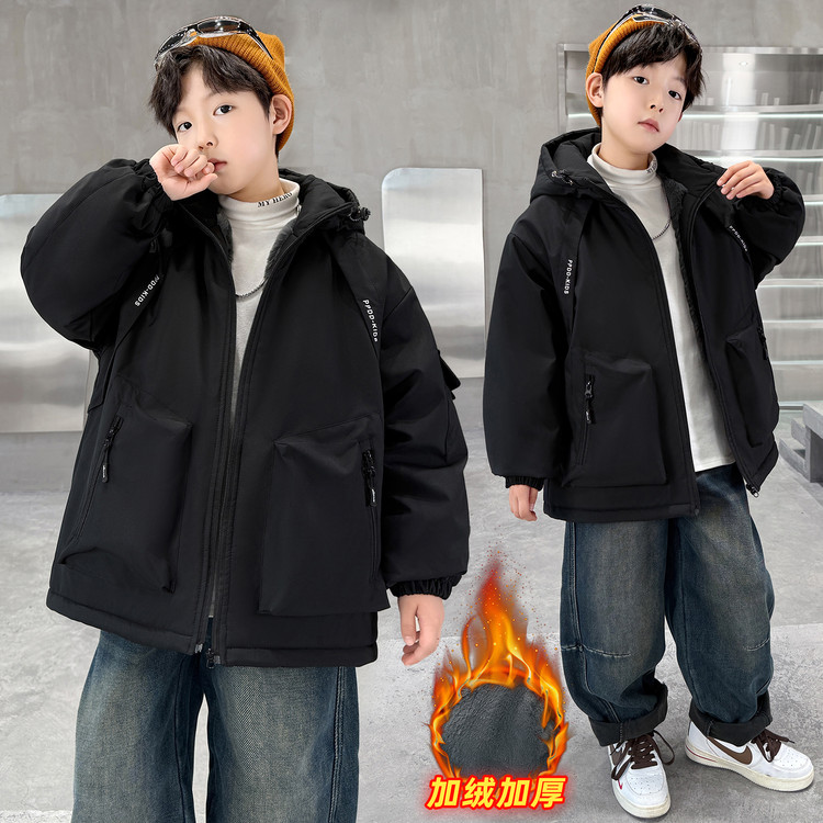 男童冬季新款纯黑色加绒加厚冲锋衣外套中大儿童夹棉派克服