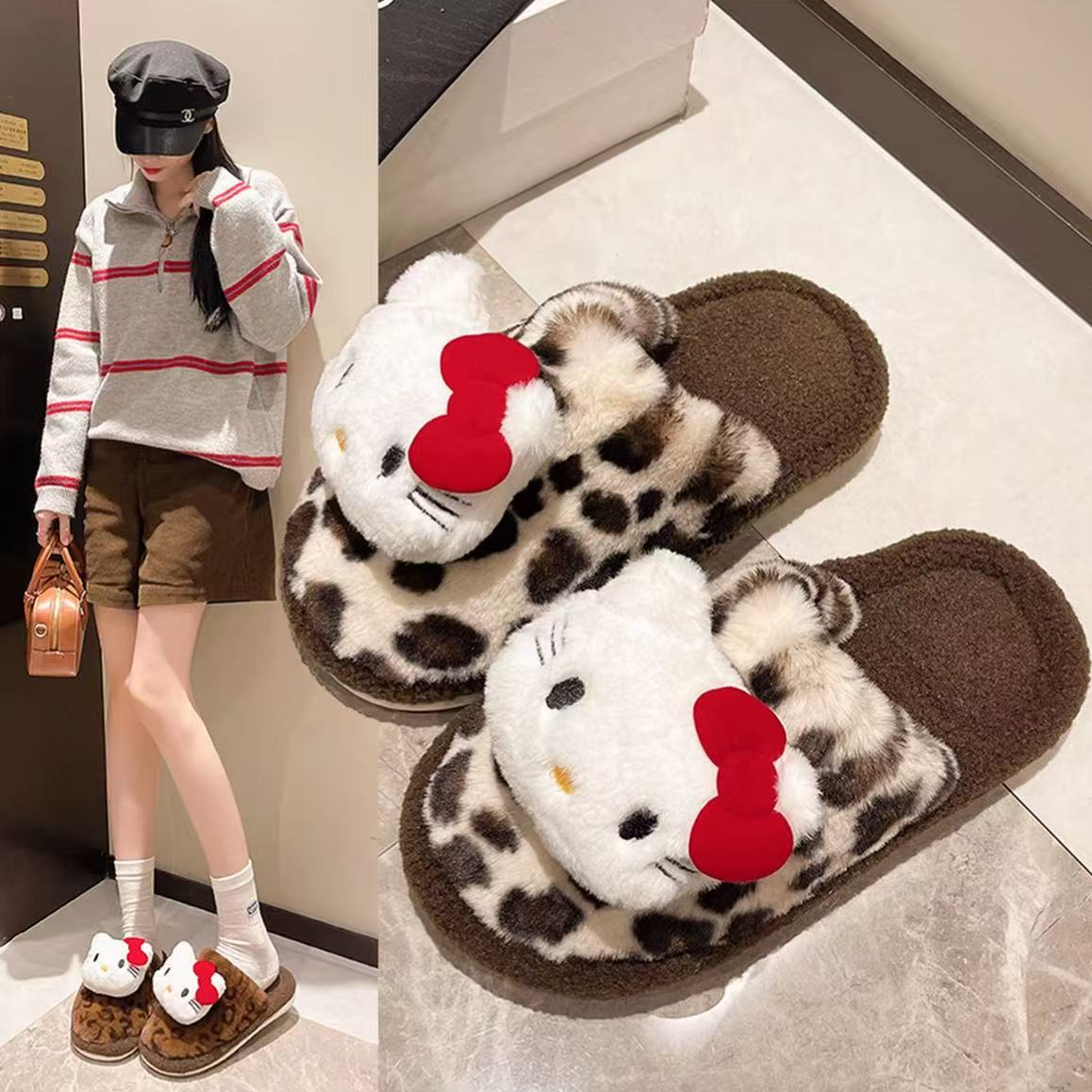 豹纹hellokitty棉拖鞋家居室内拖鞋女款冬季2025新款防滑保暖摆件