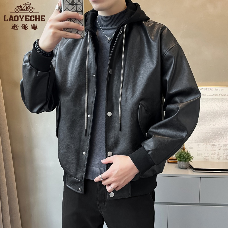 老爷车秋冬款棉致假两件男士PU皮衣外套美式风潮流帅气连帽夹克