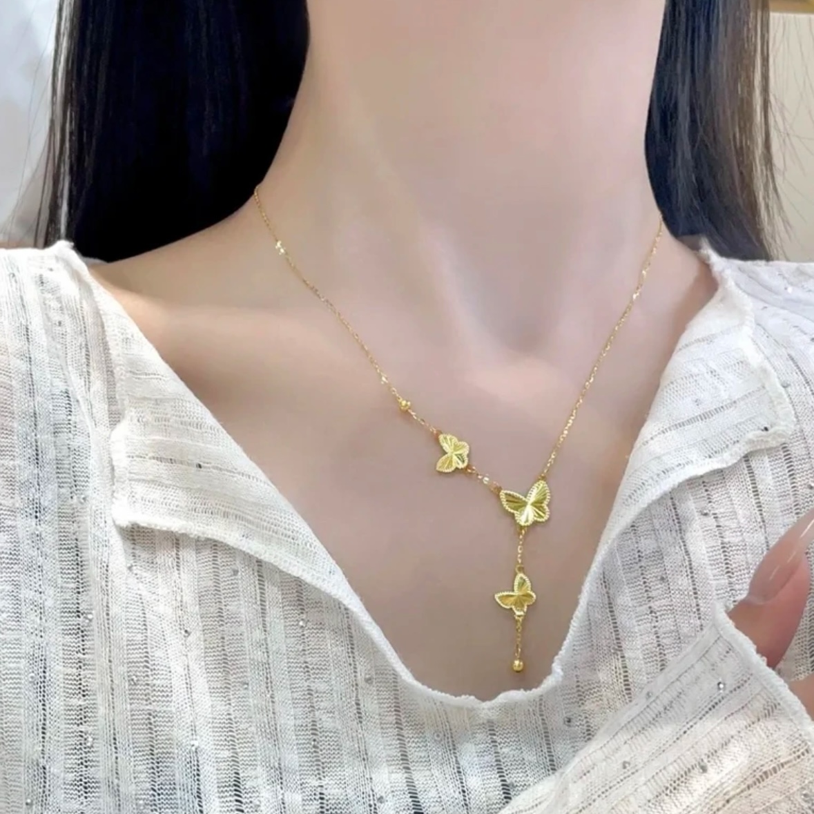 钛钢项链 镀 K 金 双面镭射工艺流苏蝴蝶毛衣链X-107