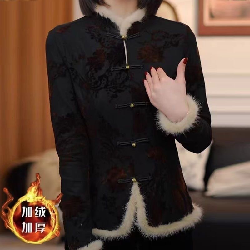 新中式不起球植绒加绒加厚款衬衫修身冬季时尚民族风