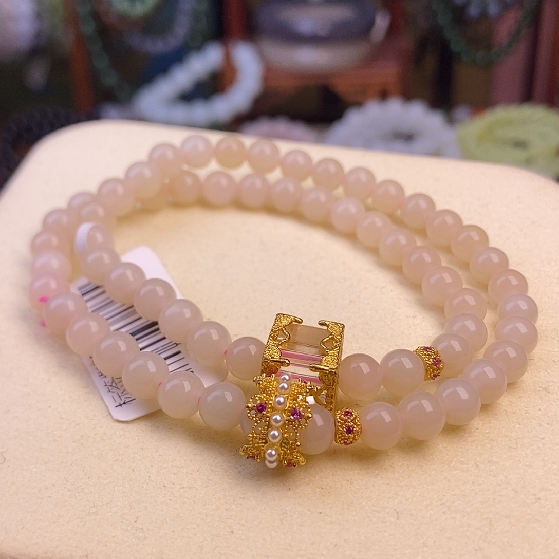 和田玉未镶嵌颈饰精品老料熟藕粉两圈手链6m