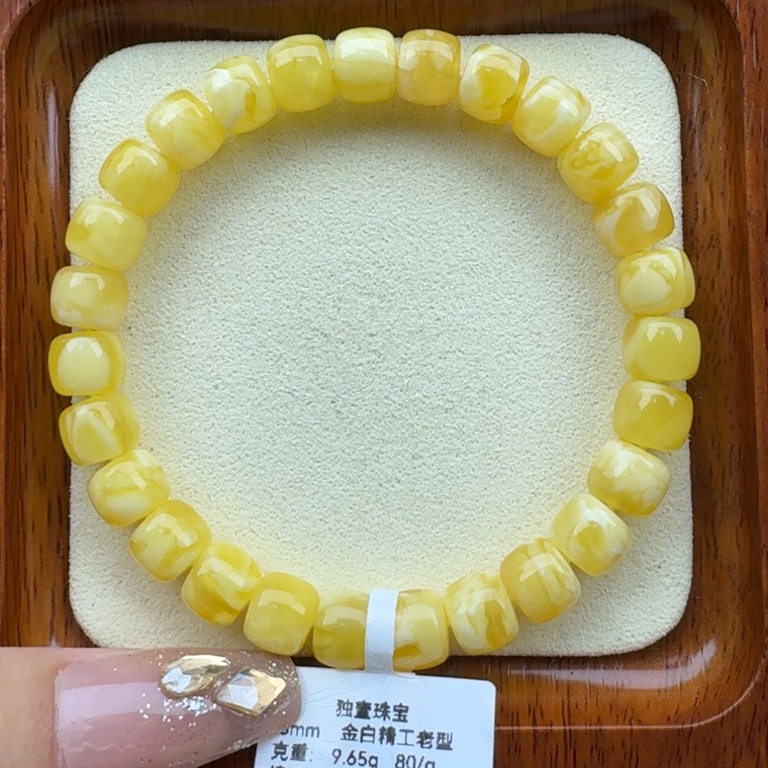 琥珀手链未镶嵌蜜蜡手串8.5mm精工老型金白