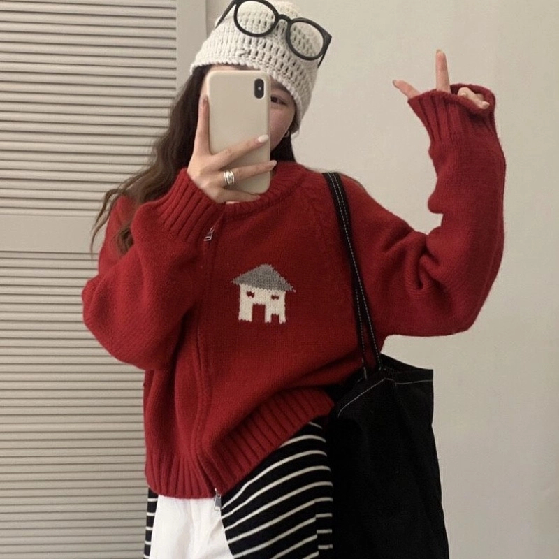 小个子软糯圆领卡通小房子提花双拉链毛衣外套秋冬短款慵懒风开衫