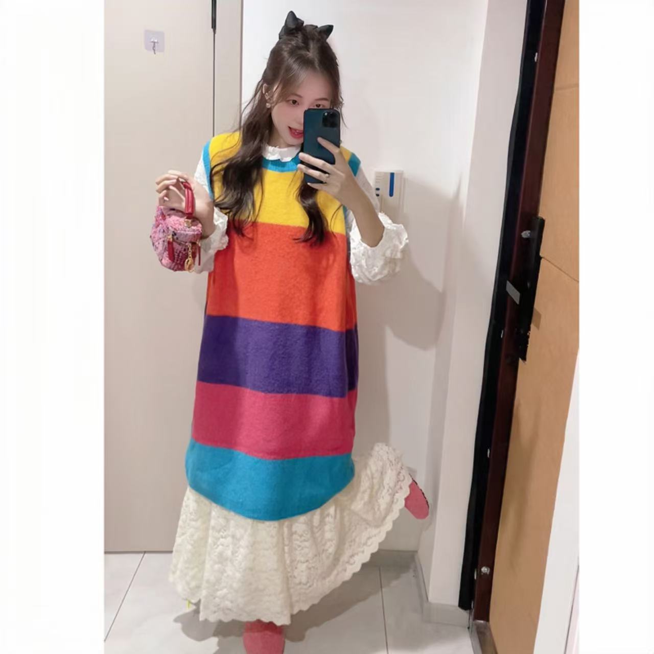 燃冉【拼色毛衣】韩版撞色百搭宽松条纹洋气时尚无袖毛衣