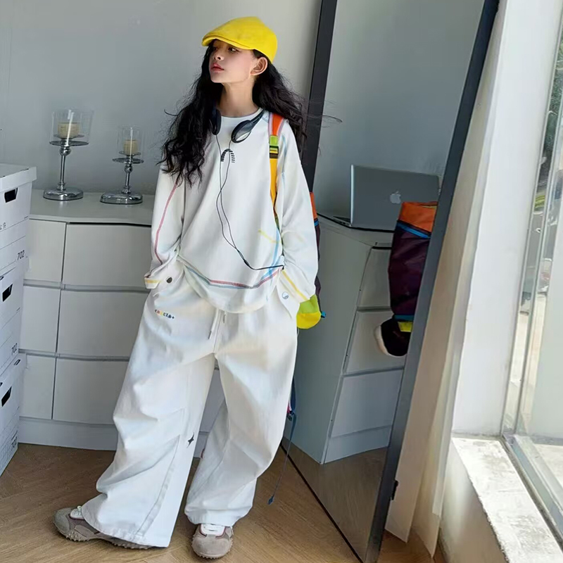 嘻嘻柚】女童2025秋款时尚五彩花线T恤衫散落星轨棉布阔腿裤两件套