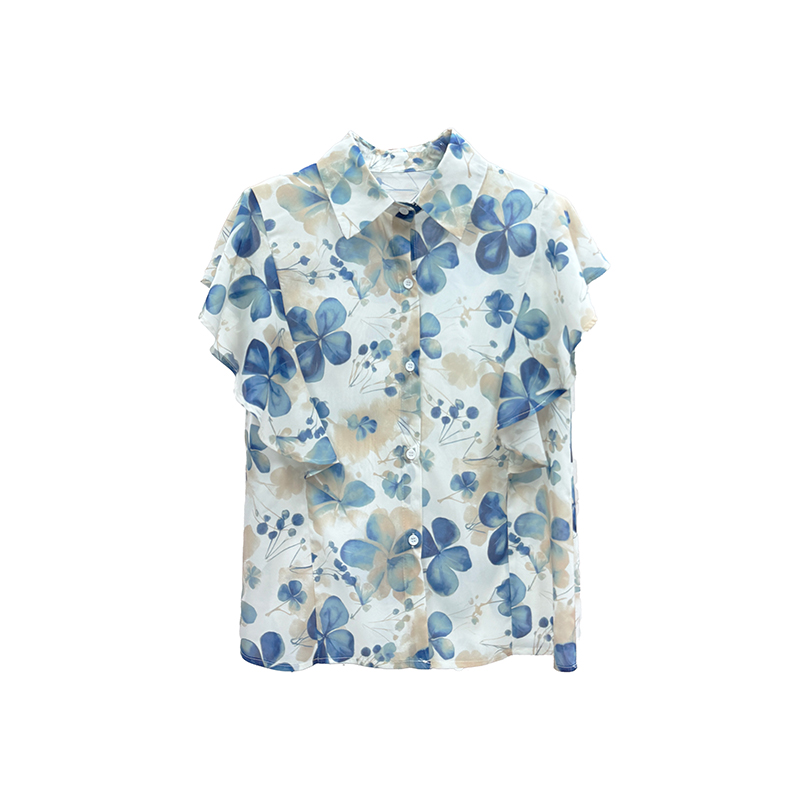 （女装）299 夏季新款女装时尚翻领荷叶边气质印花衬衫上衣