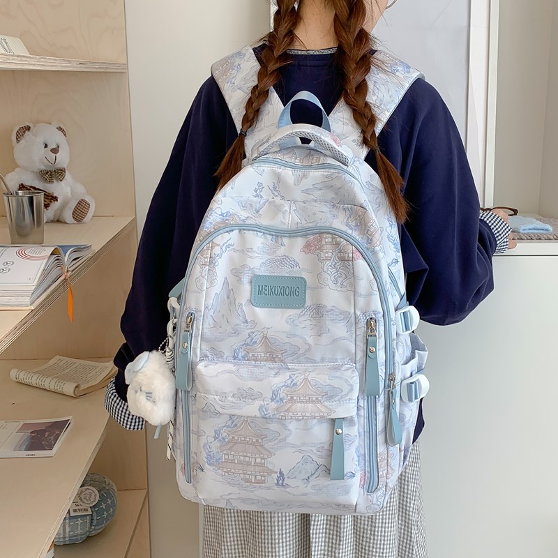 国风水墨小众高颜值书包初中女生背包高中生大学生轻便旅行双肩包