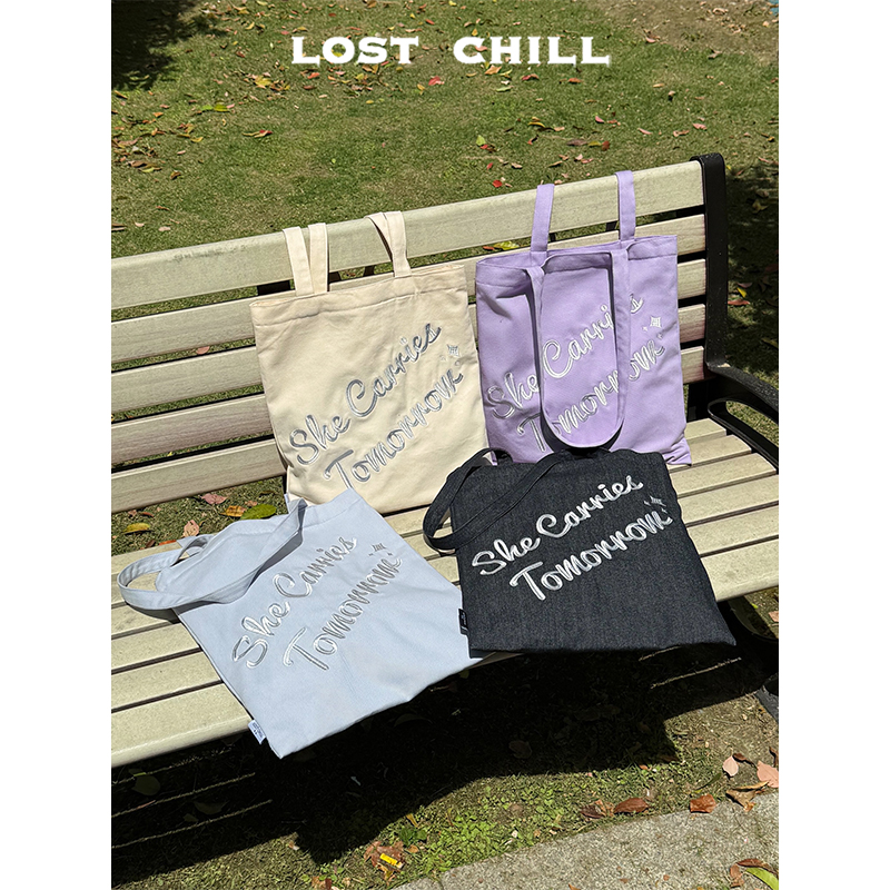 Lost Chill-原创复古简约字母刺绣帆布包四色大容量单肩布包通勤